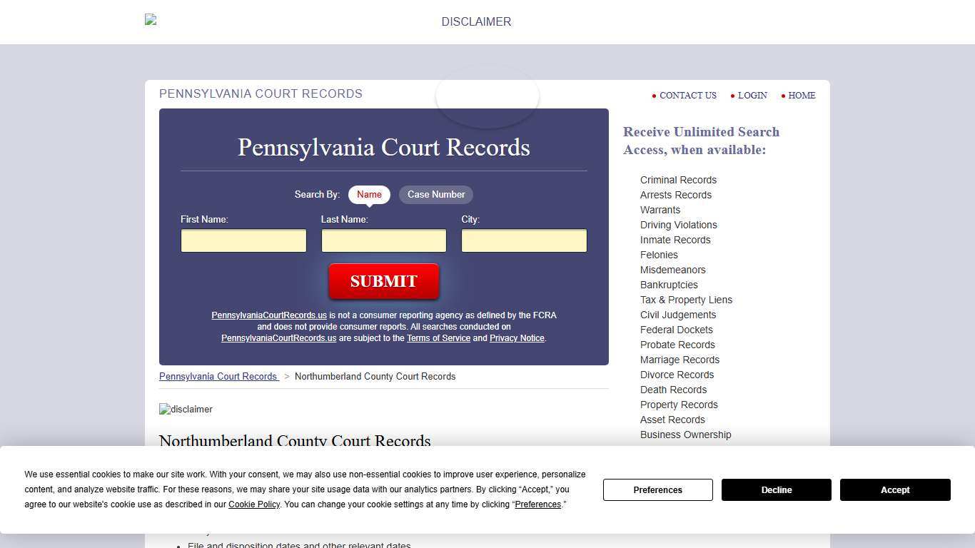 Northumberland County Court Records PennsylvaniaCourtRecords.us